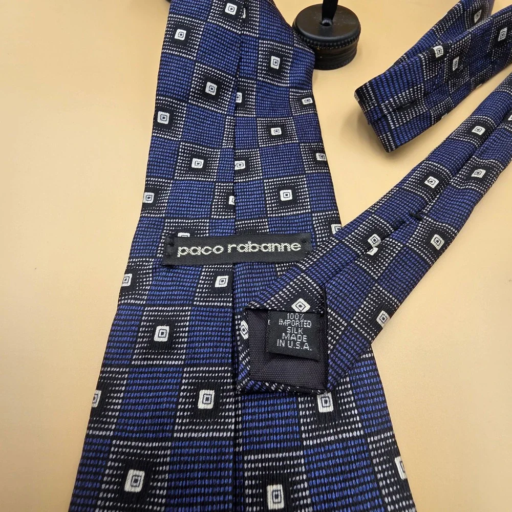 Paco Rabanne Mens Silk Necktie Blue Black Geometric Square Pattern Made in USA